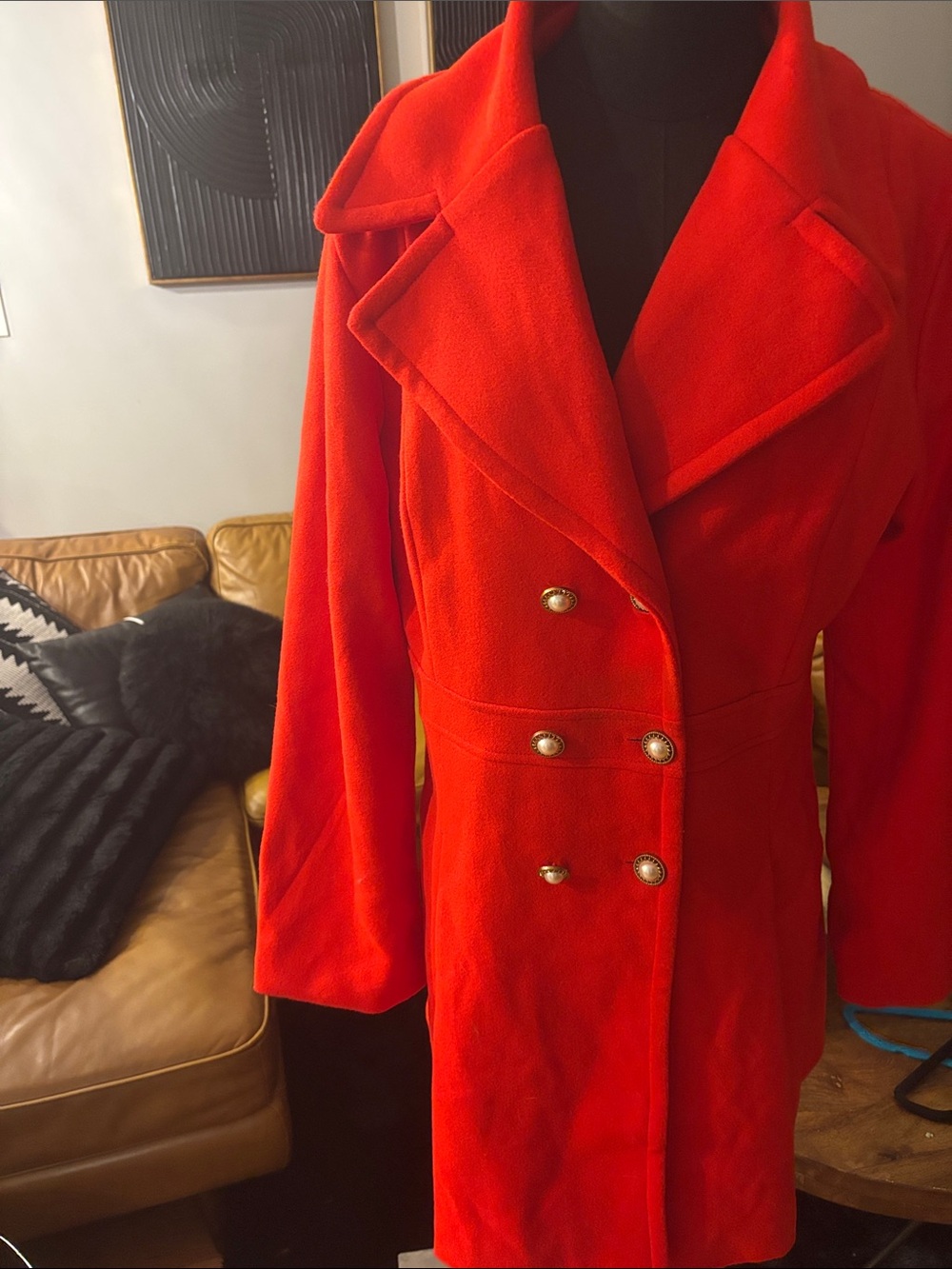 Vintage Bright Red Double-Breasted Pea Coat with Gold Buttons